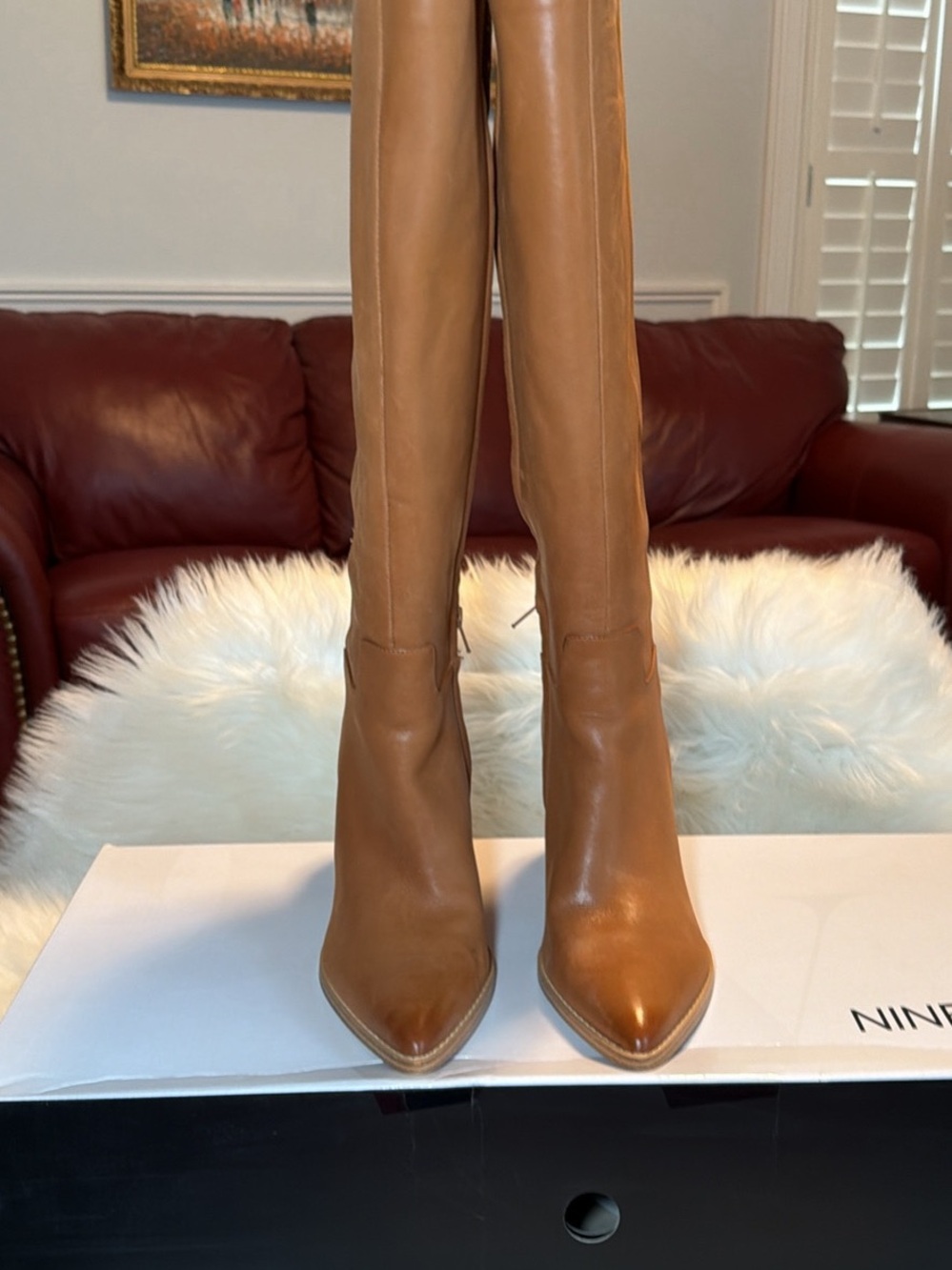 Nine West Tall Pointed-Toe Knee-High Boots in natural brown sz 9.5